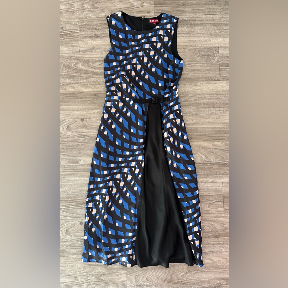 STAUD Blue and Black Geometric MidiDress